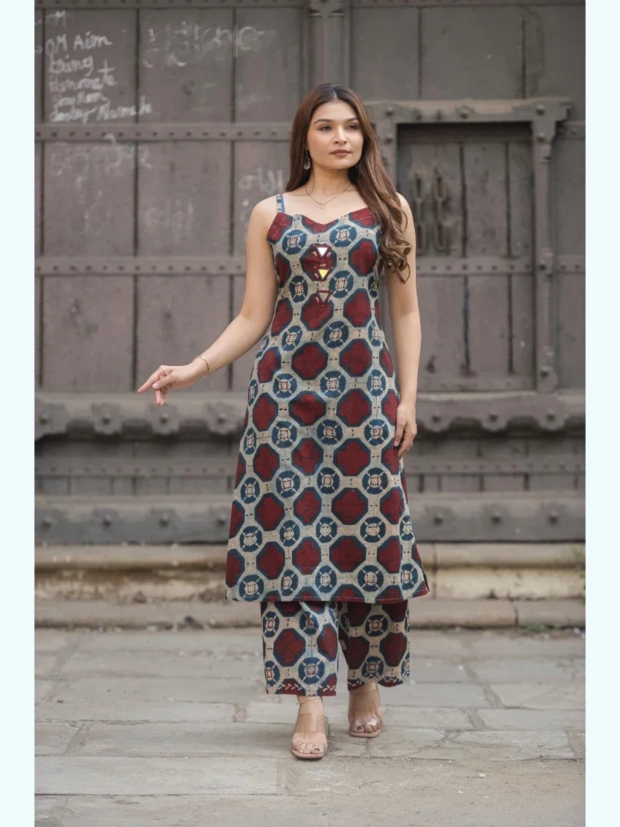 Natural Handblock Spaghetti Kurta Set - MAH4009