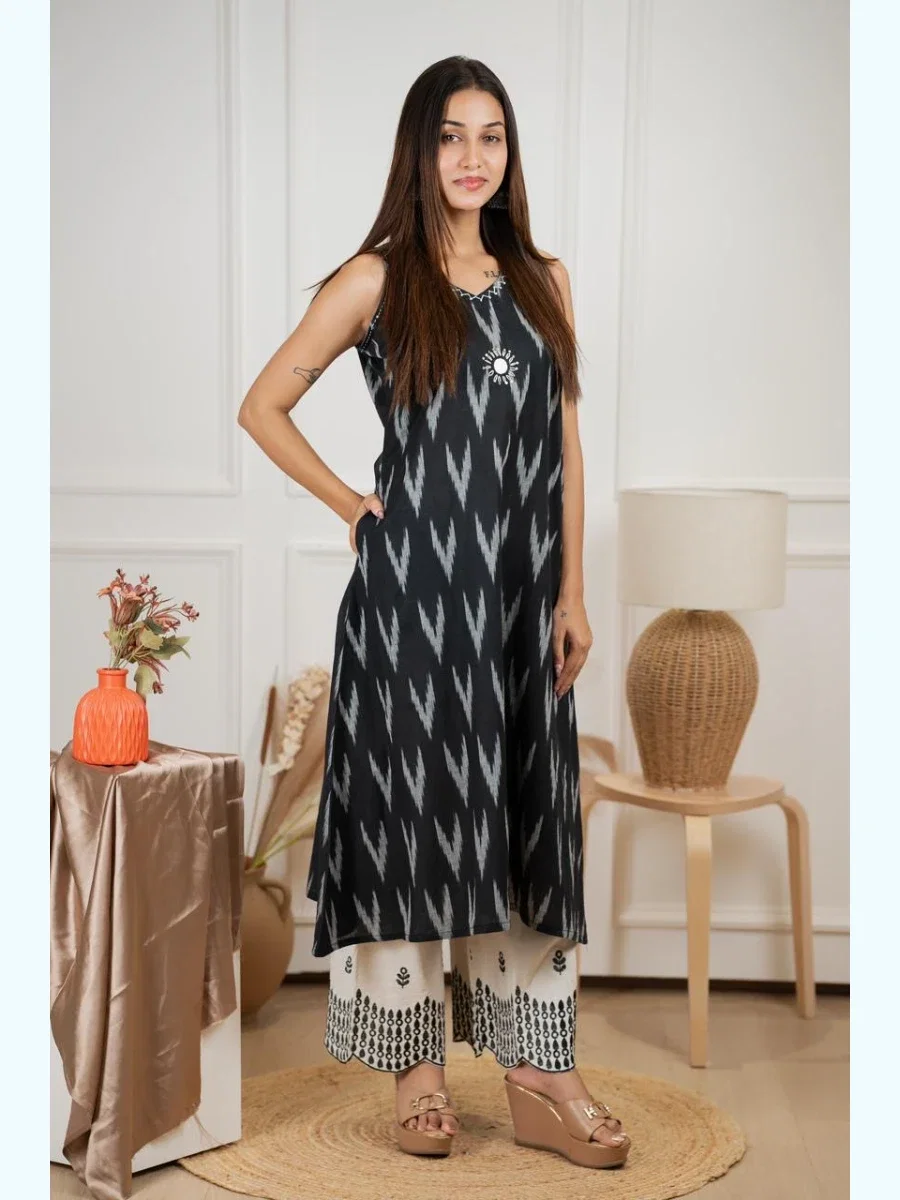 Pure cotton ikkat print kurta set with real mirror handwork-MAH4013